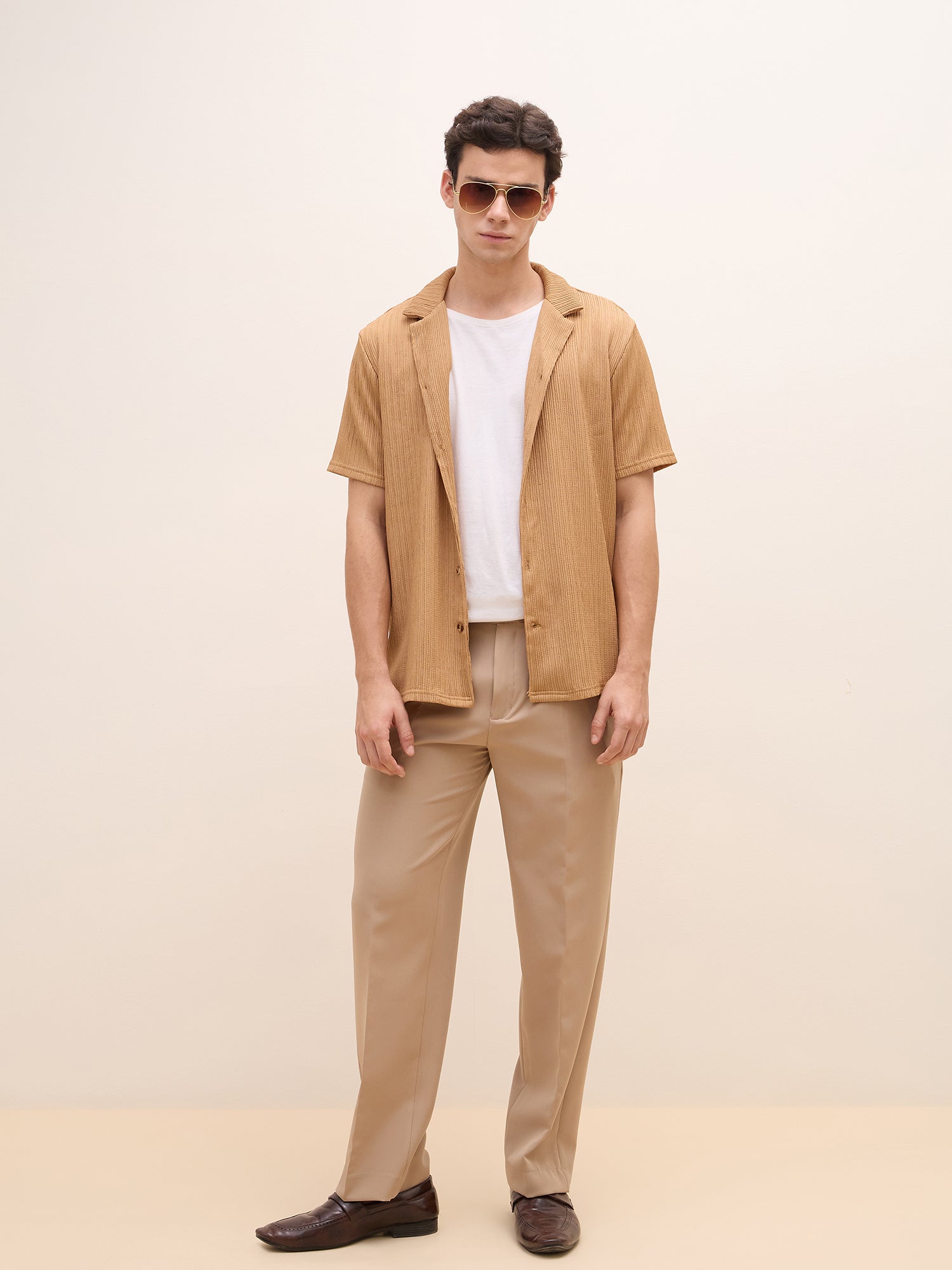 Iconic Men Brown Textured Resort Collar Shirt