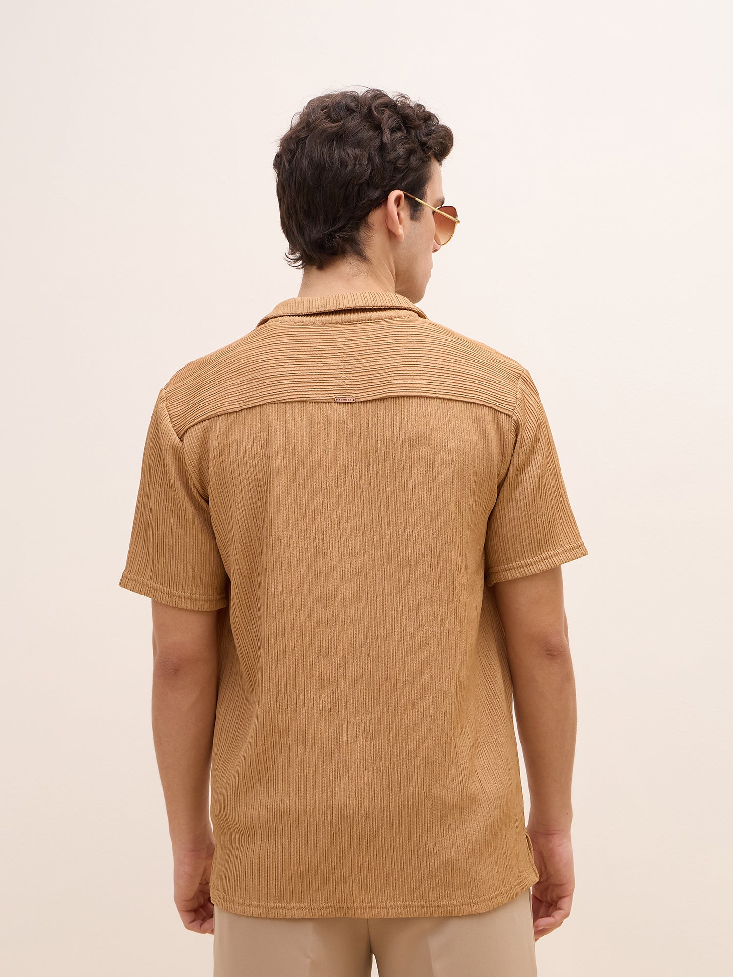 Iconic Men Brown Textured Resort Collar Shirt