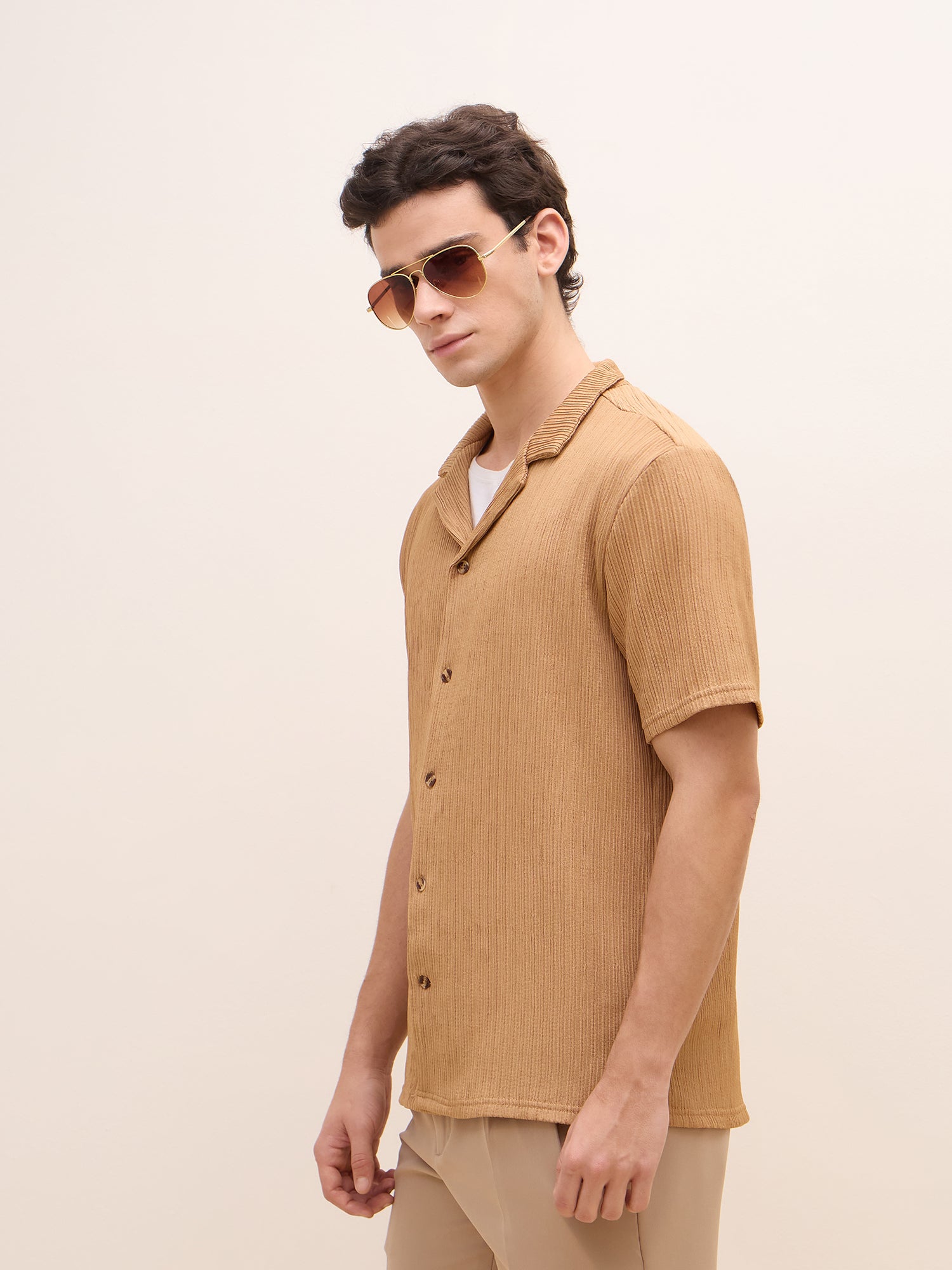 Iconic Men Brown Textured Resort Collar Shirt