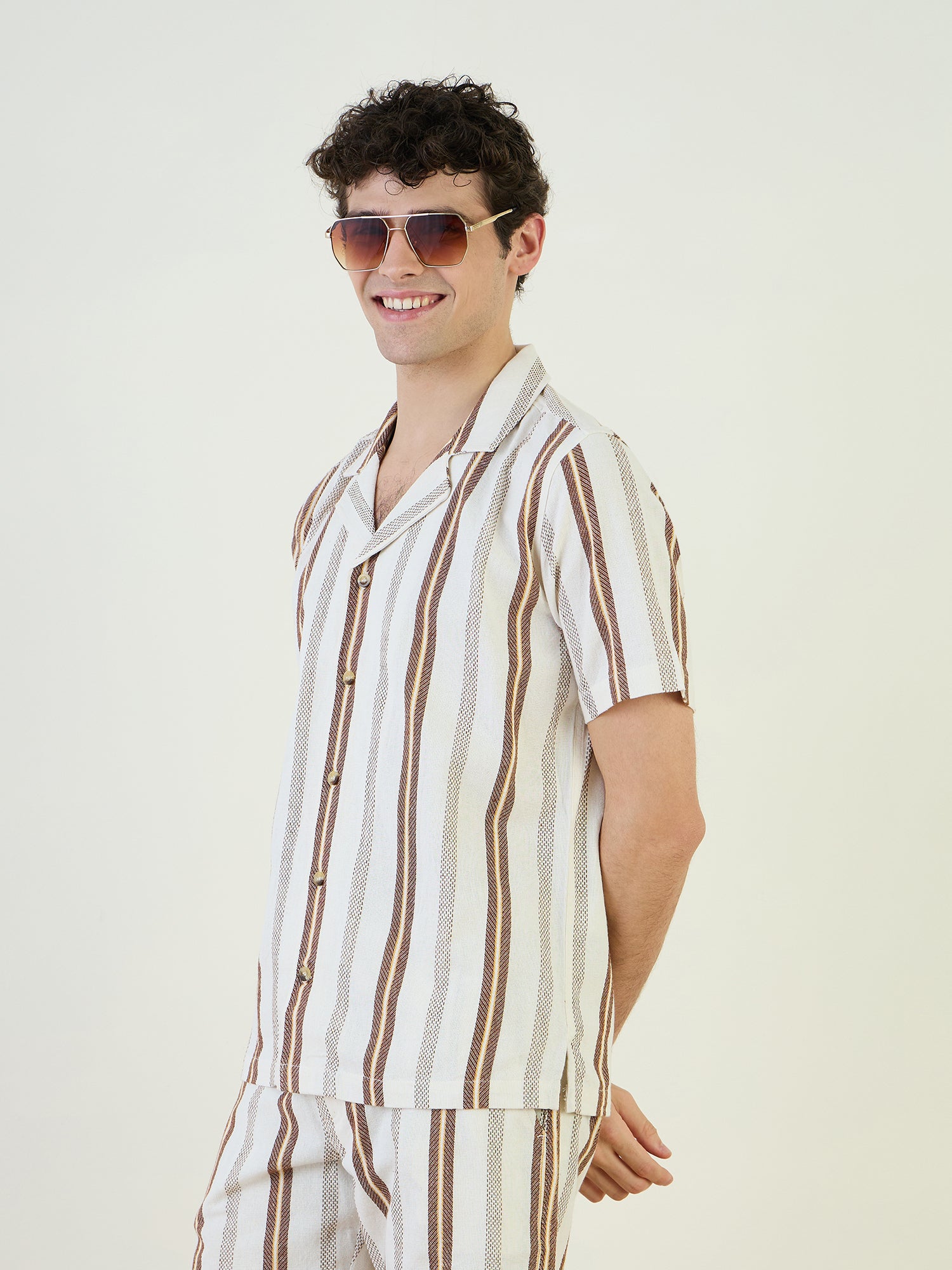 Iconic Men Beige Striped Resort Collar Shirt