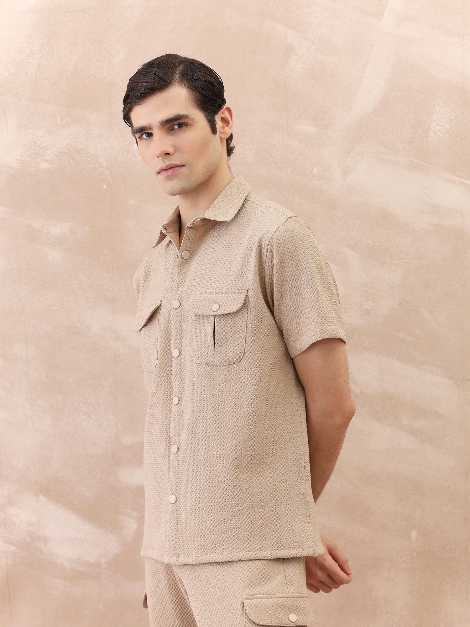 Iconic Men Beige Textured Collar Shirt