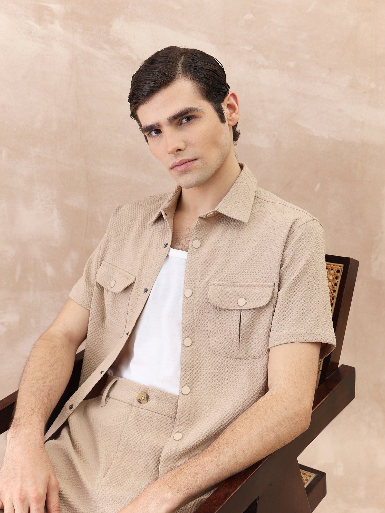 Iconic Men Beige Textured Collar Shirt