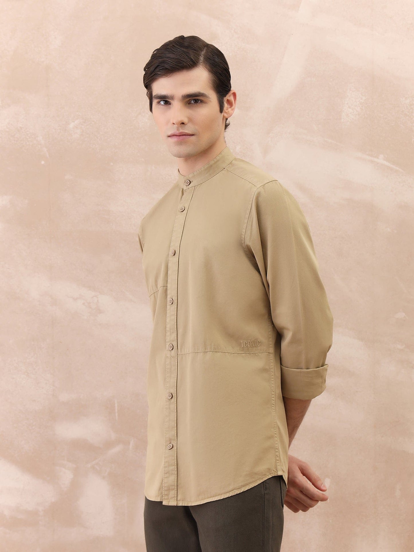 Iconic Men Beige Washed Band Collar Shirt