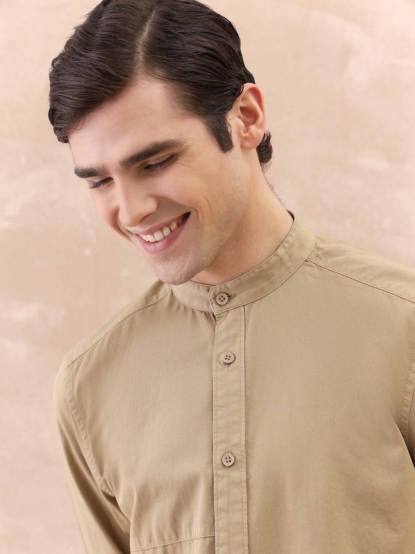 Iconic Men Beige Washed Band Collar Shirt