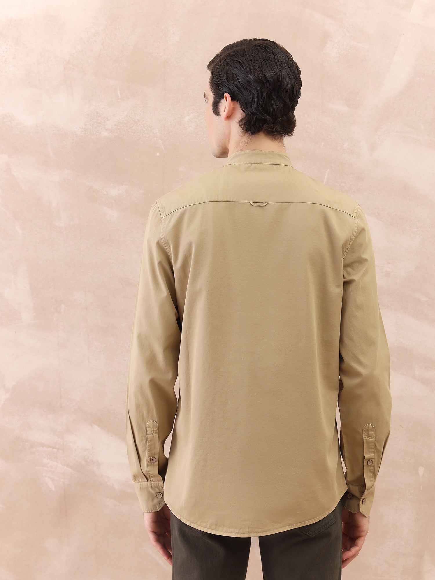 Iconic Men Beige Washed Band Collar Shirt