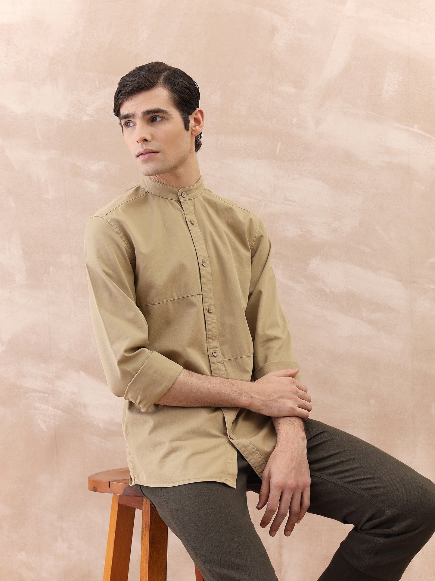 Iconic Men Beige Washed Band Collar Shirt