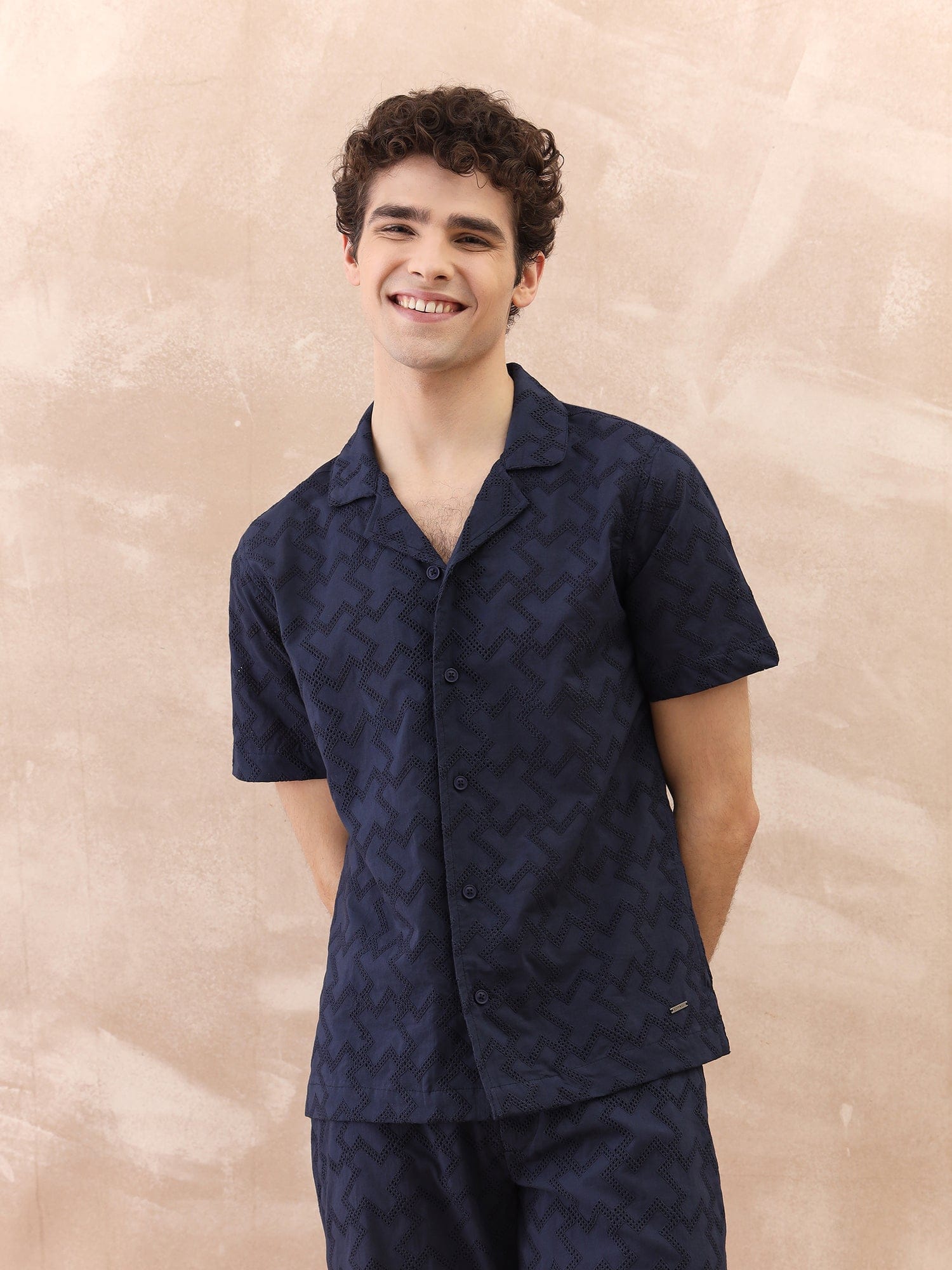 Iconic Men Blue Textured Resort Collar Shirt