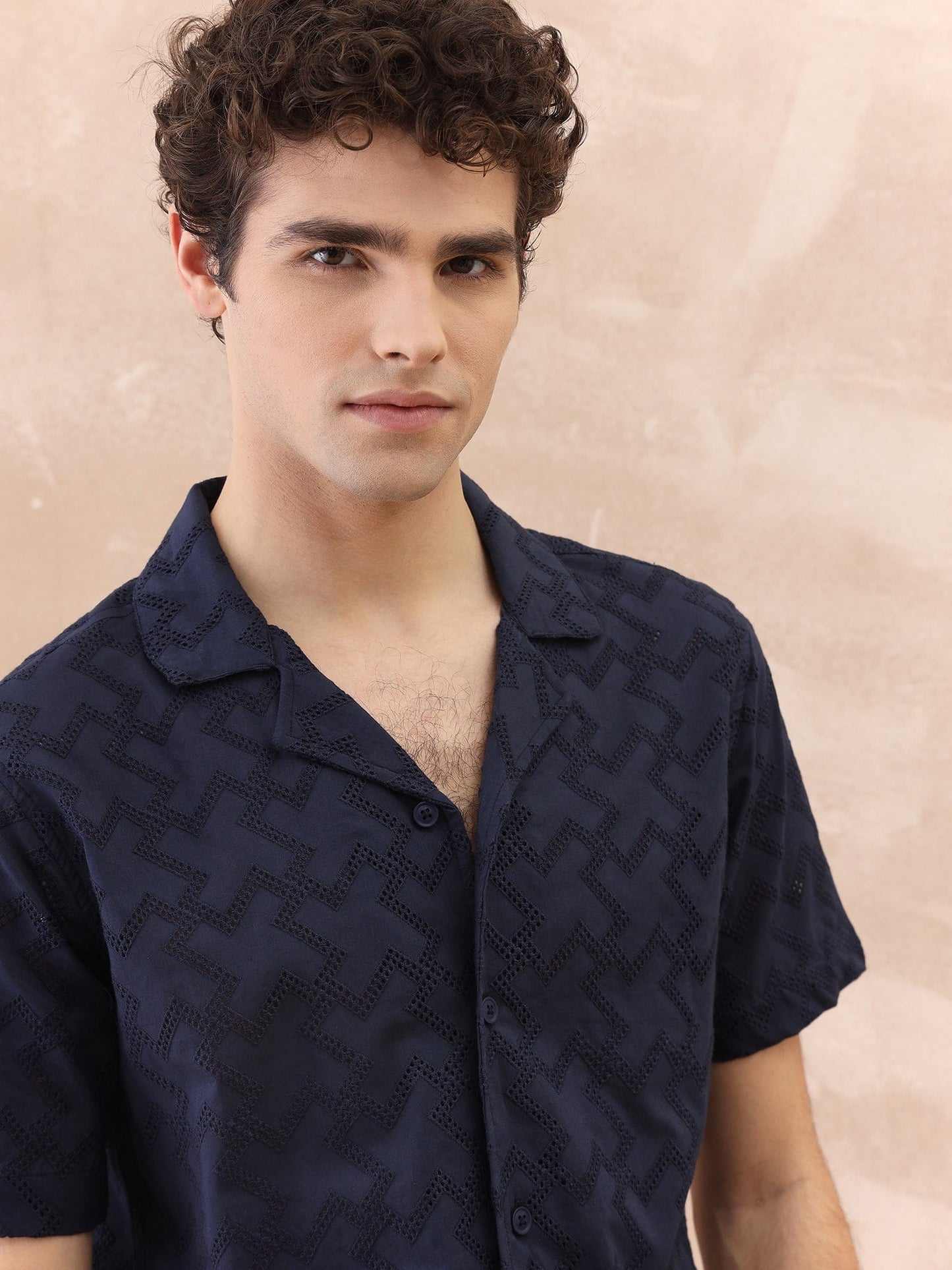 Iconic Men Blue Textured Resort Collar Shirt