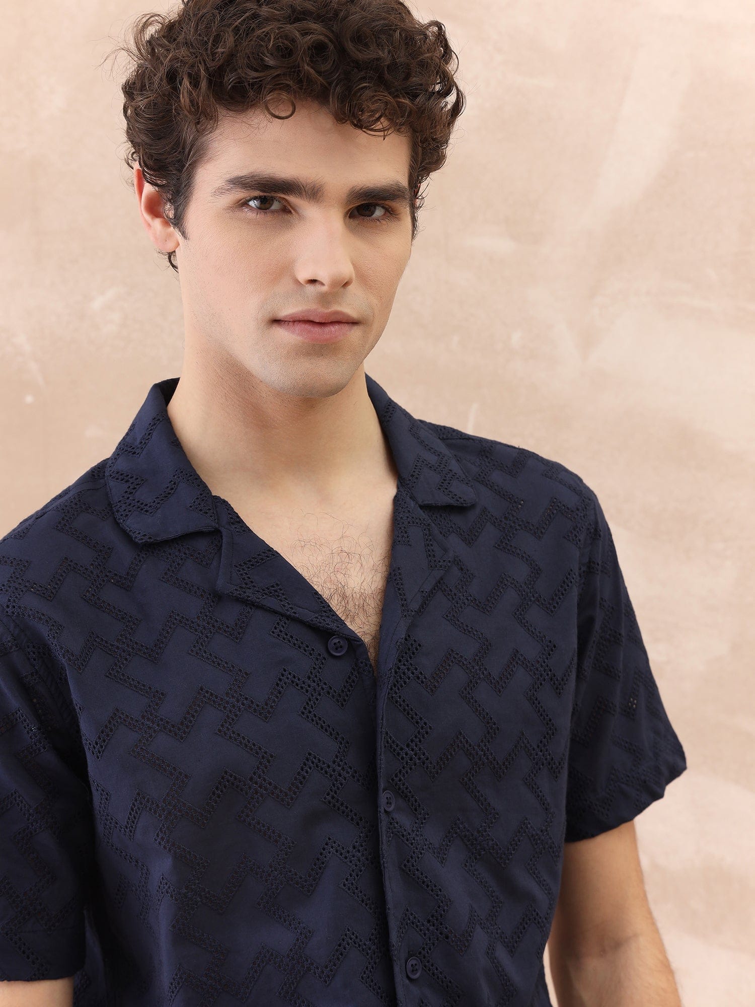 Iconic Men Blue Textured Resort Collar Shirt