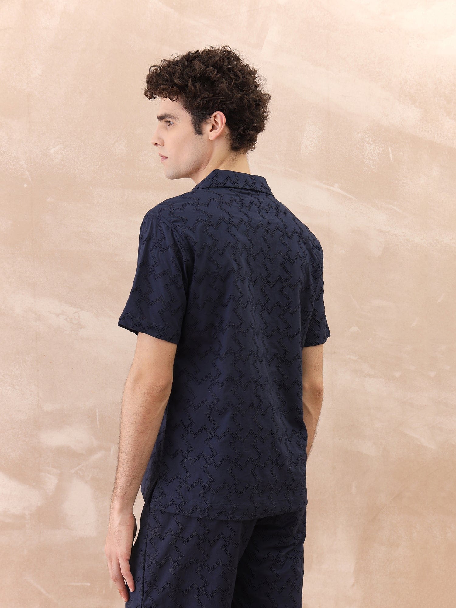 Iconic Men Blue Textured Resort Collar Shirt