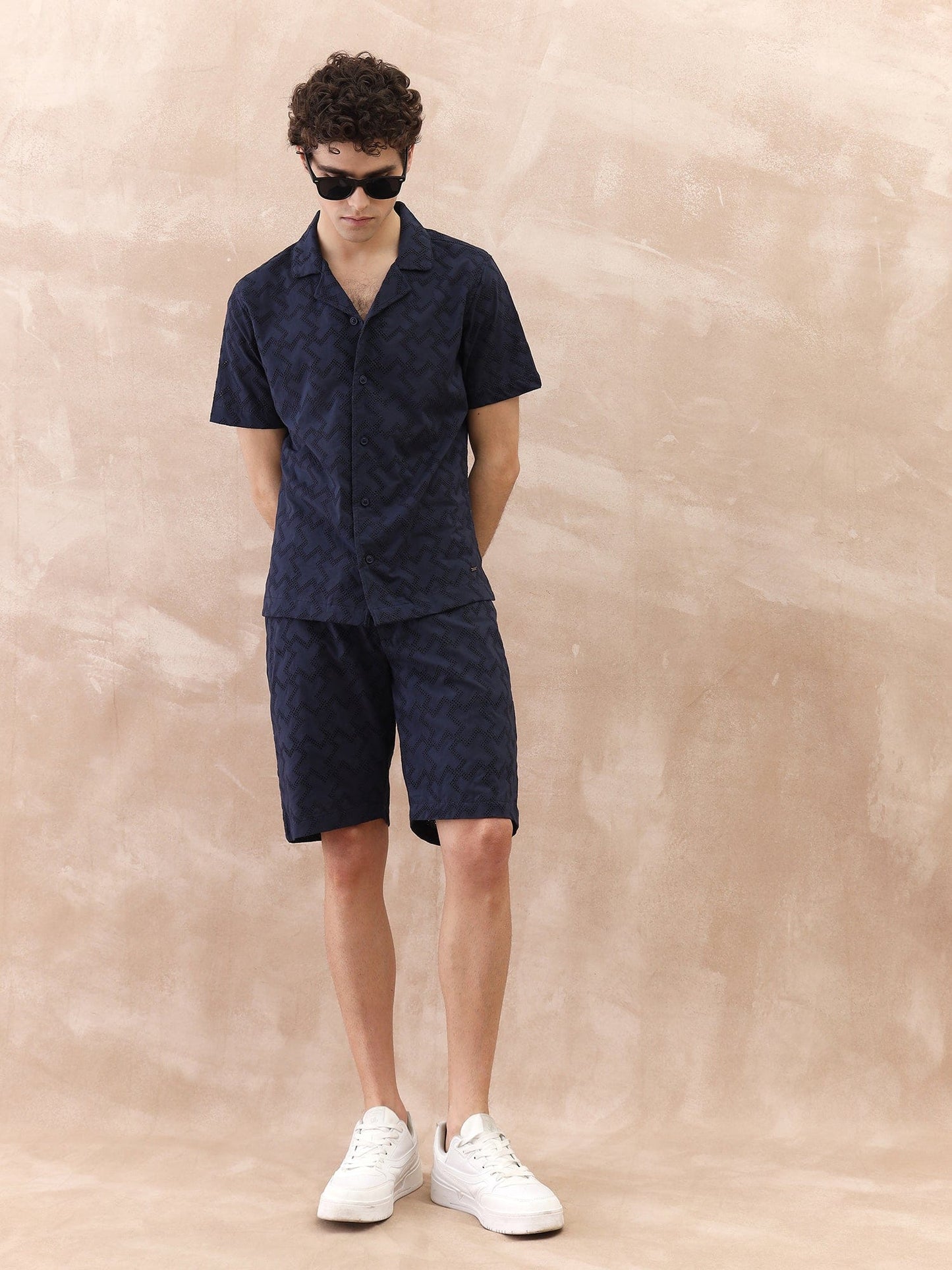 Iconic Men Blue Textured Resort Collar Shirt