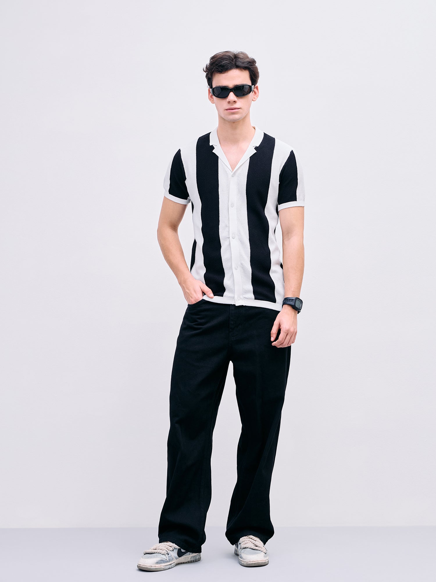 Iconic Men Black Color Block Resort Collar Shirt