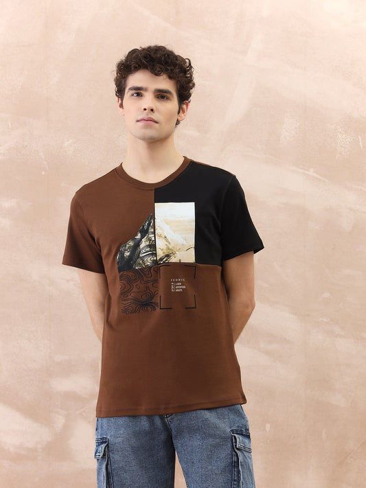 Iconic Men Brown Graphic Crew Neck Tshirt