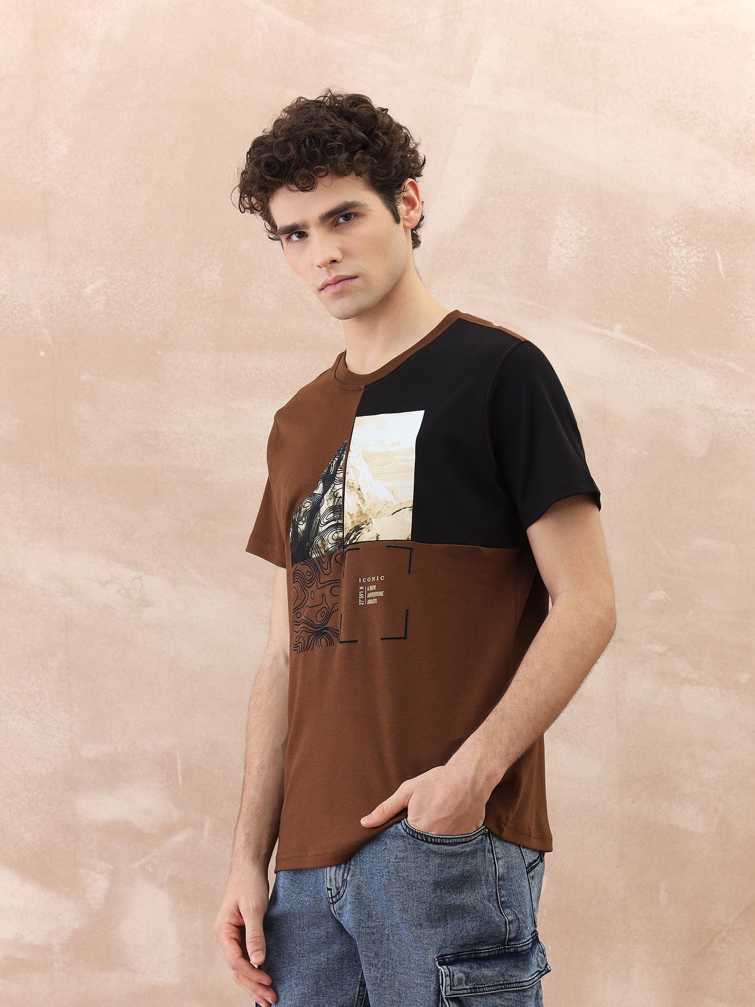 Iconic Men Brown Graphic Crew Neck Tshirt