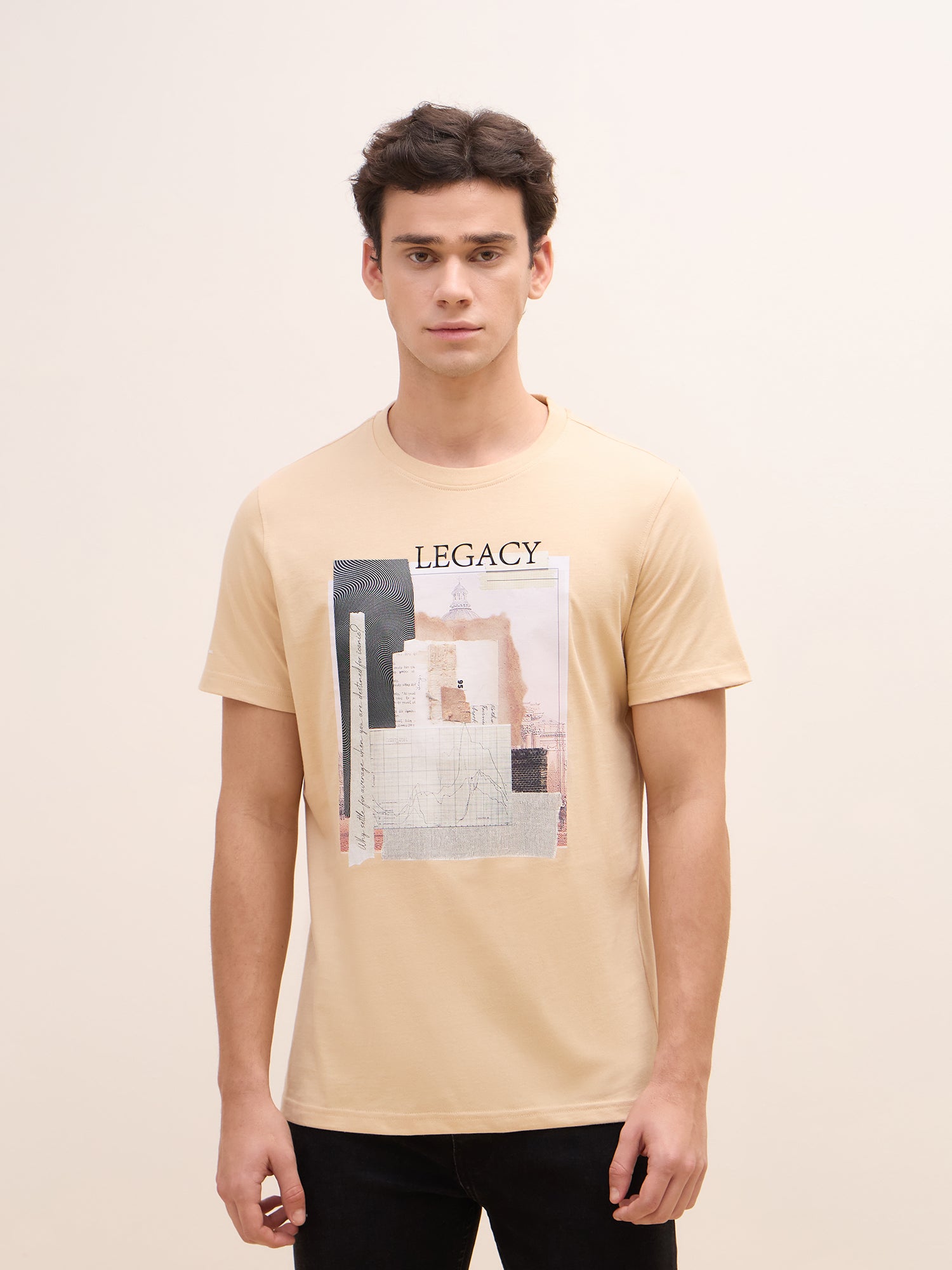 Iconic Men Beige Graphic Crew Neck Tshirt