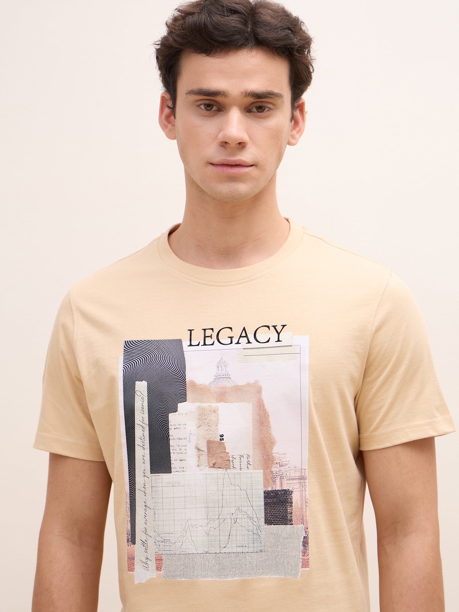 Iconic Men Beige Graphic Crew Neck Tshirt