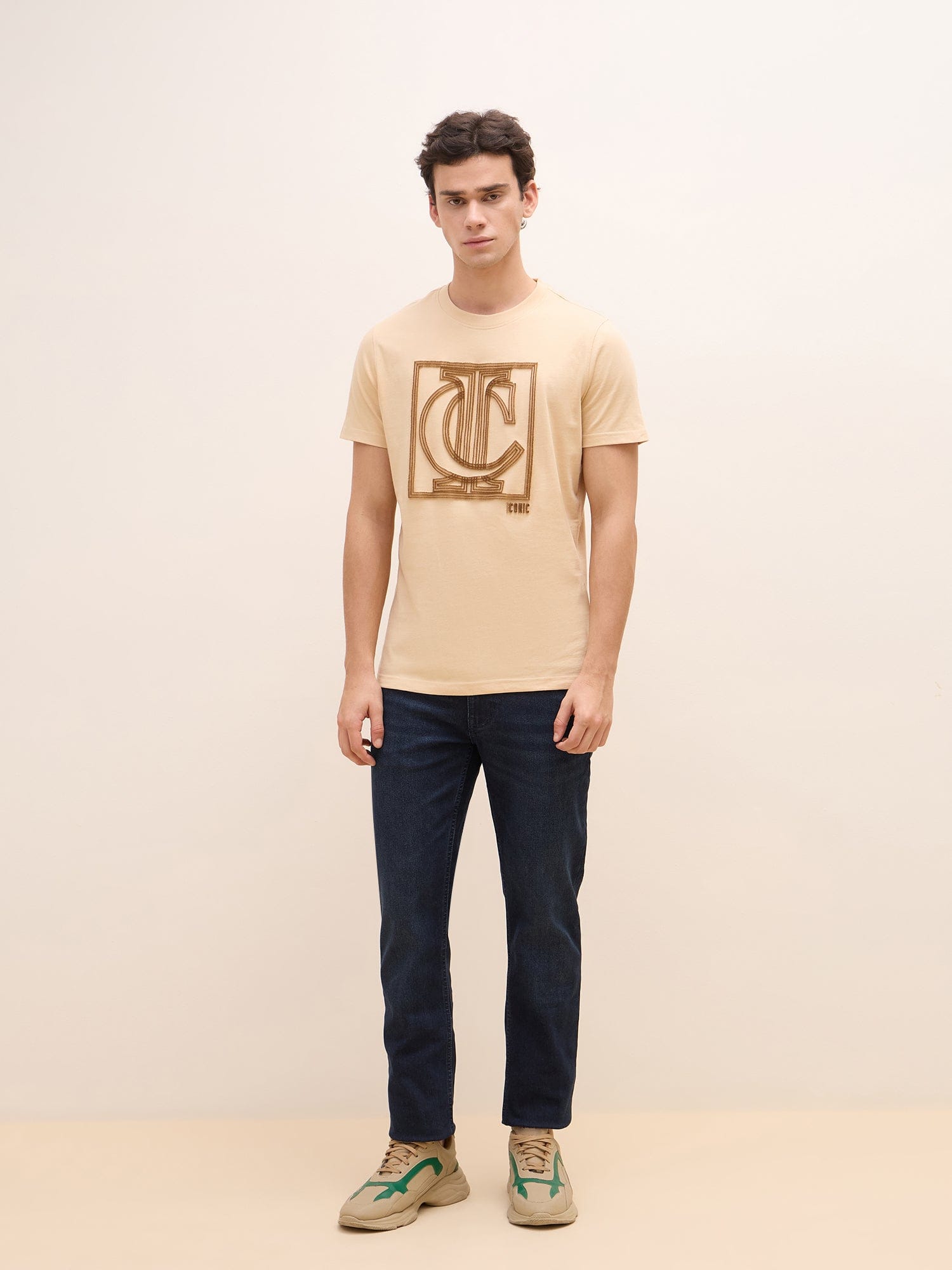Iconic Men Beige Graphic Crew Neck Tshirt