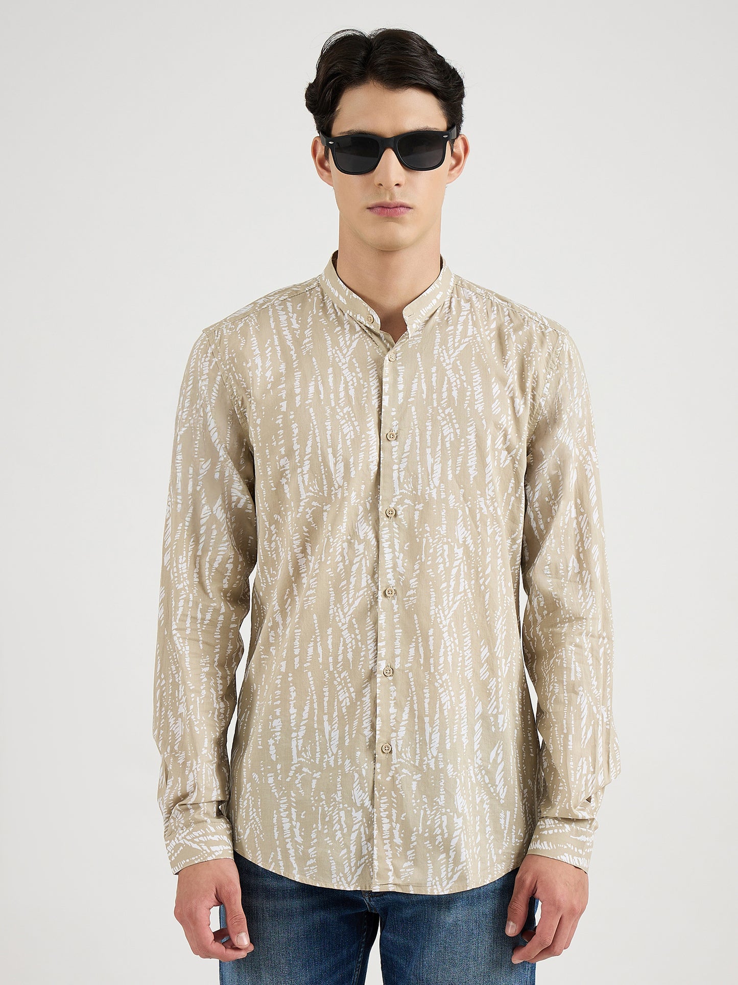 Antony Morato Men Beige Printed Mandarin Collar Shirt