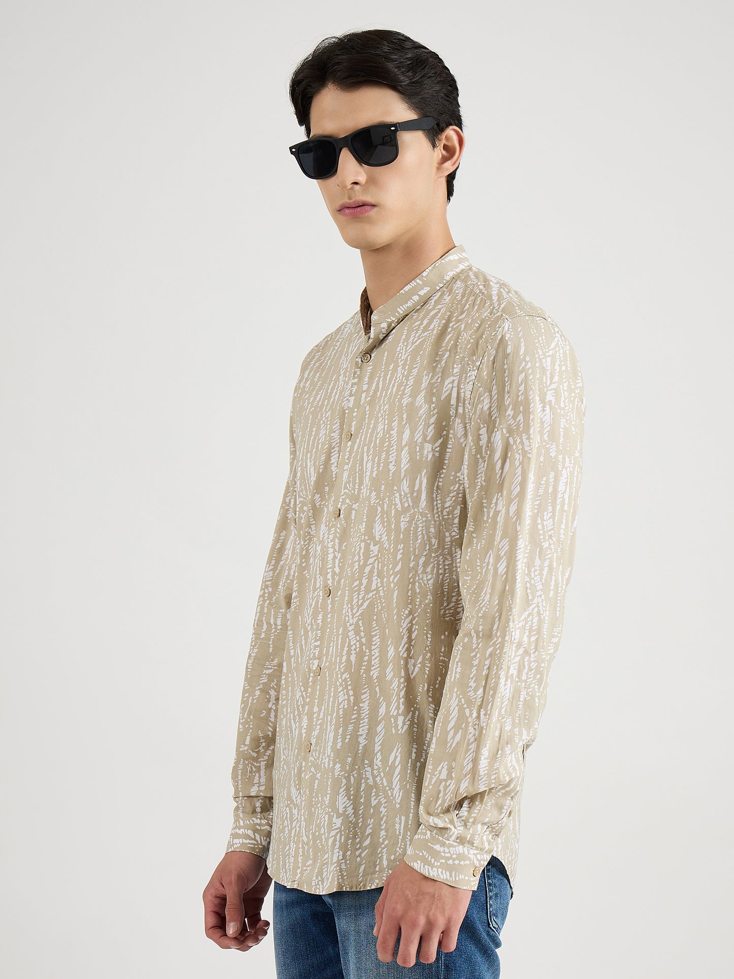 Antony Morato Men Beige Printed Mandarin Collar Shirt