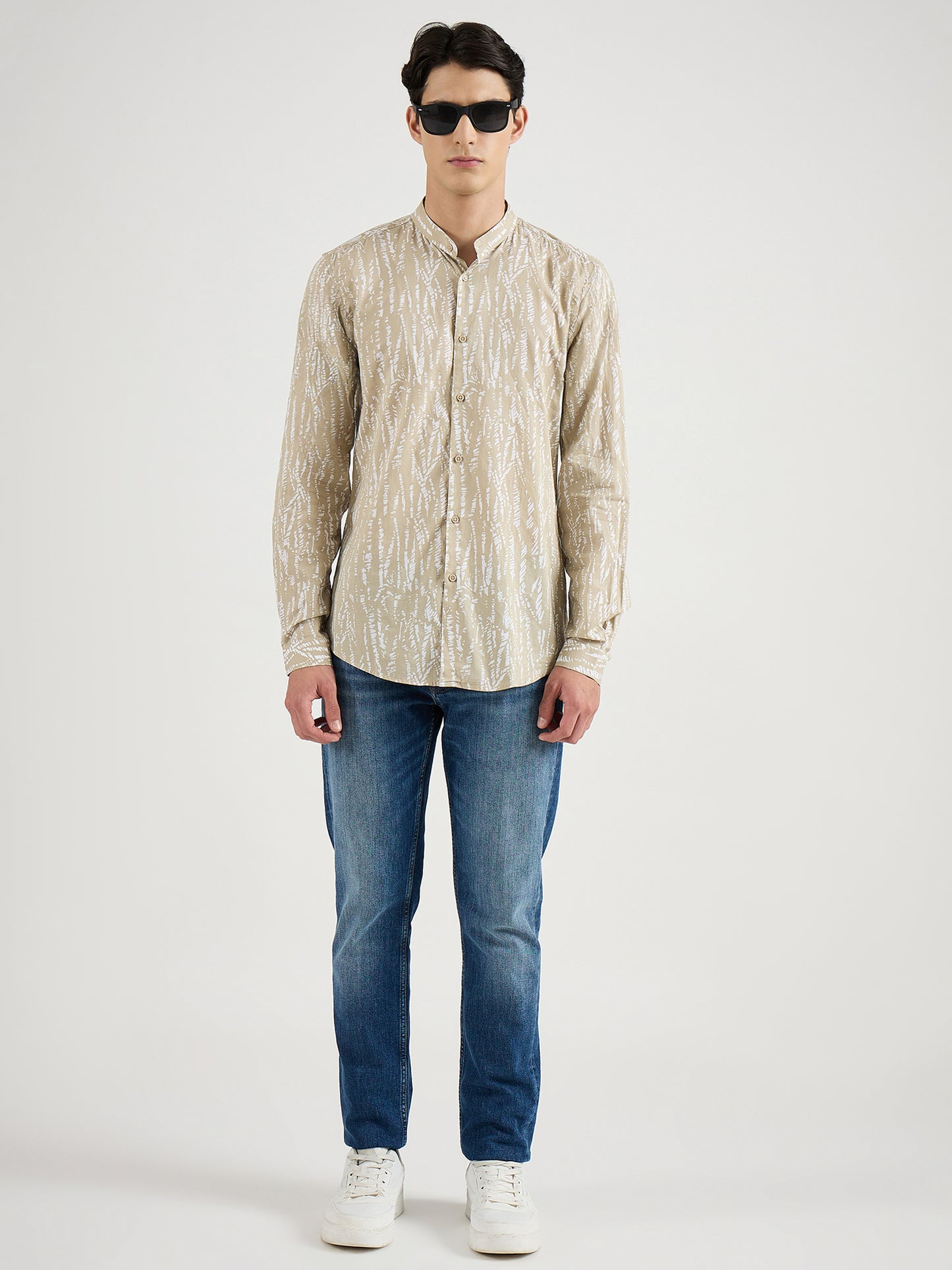 Antony Morato Men Beige Printed Mandarin Collar Shirt