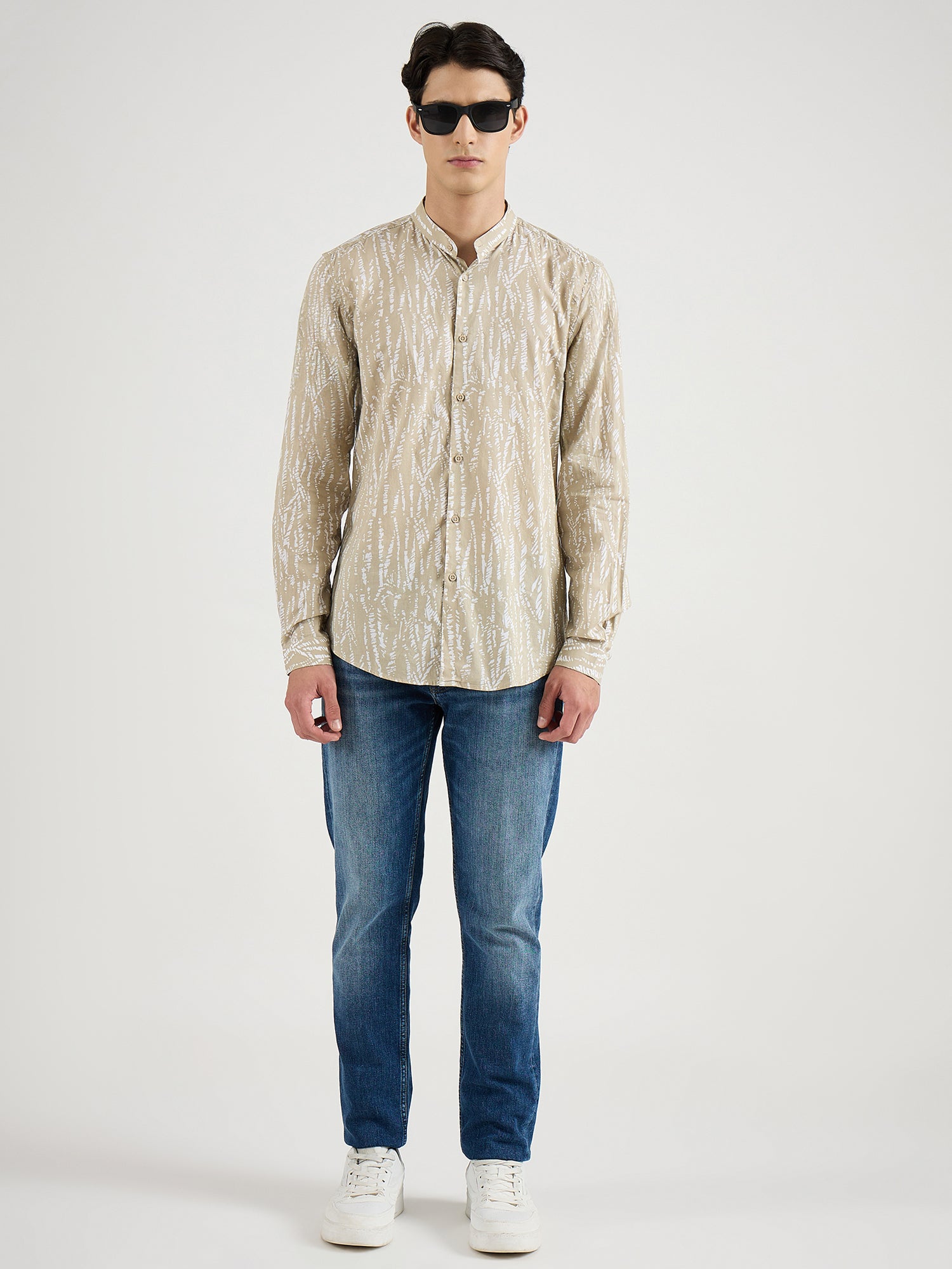 Antony Morato Men Beige Printed Mandarin Collar Shirt