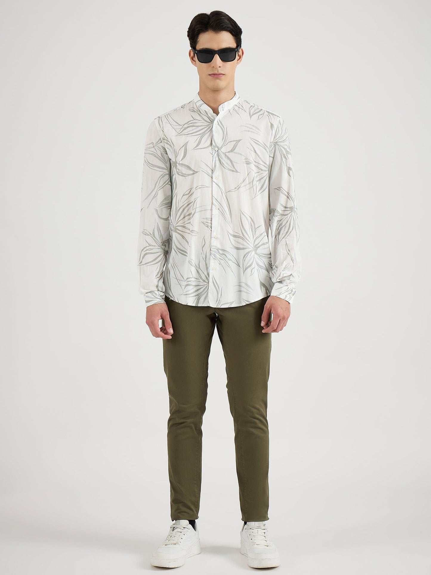 Antony Morato Men Cream Printed Mandarin Collar Shirt