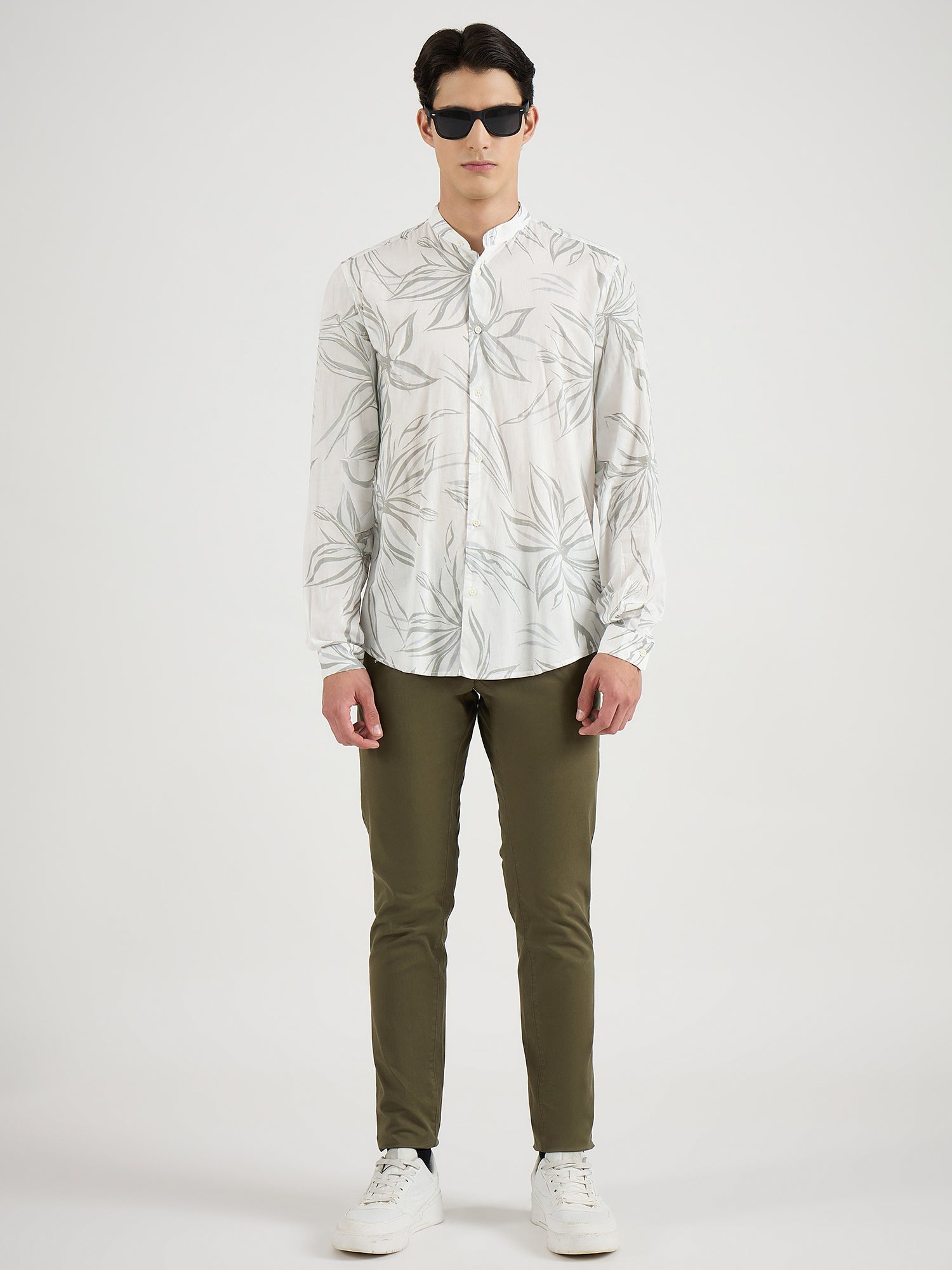Antony Morato Men Cream Printed Mandarin Collar Shirt