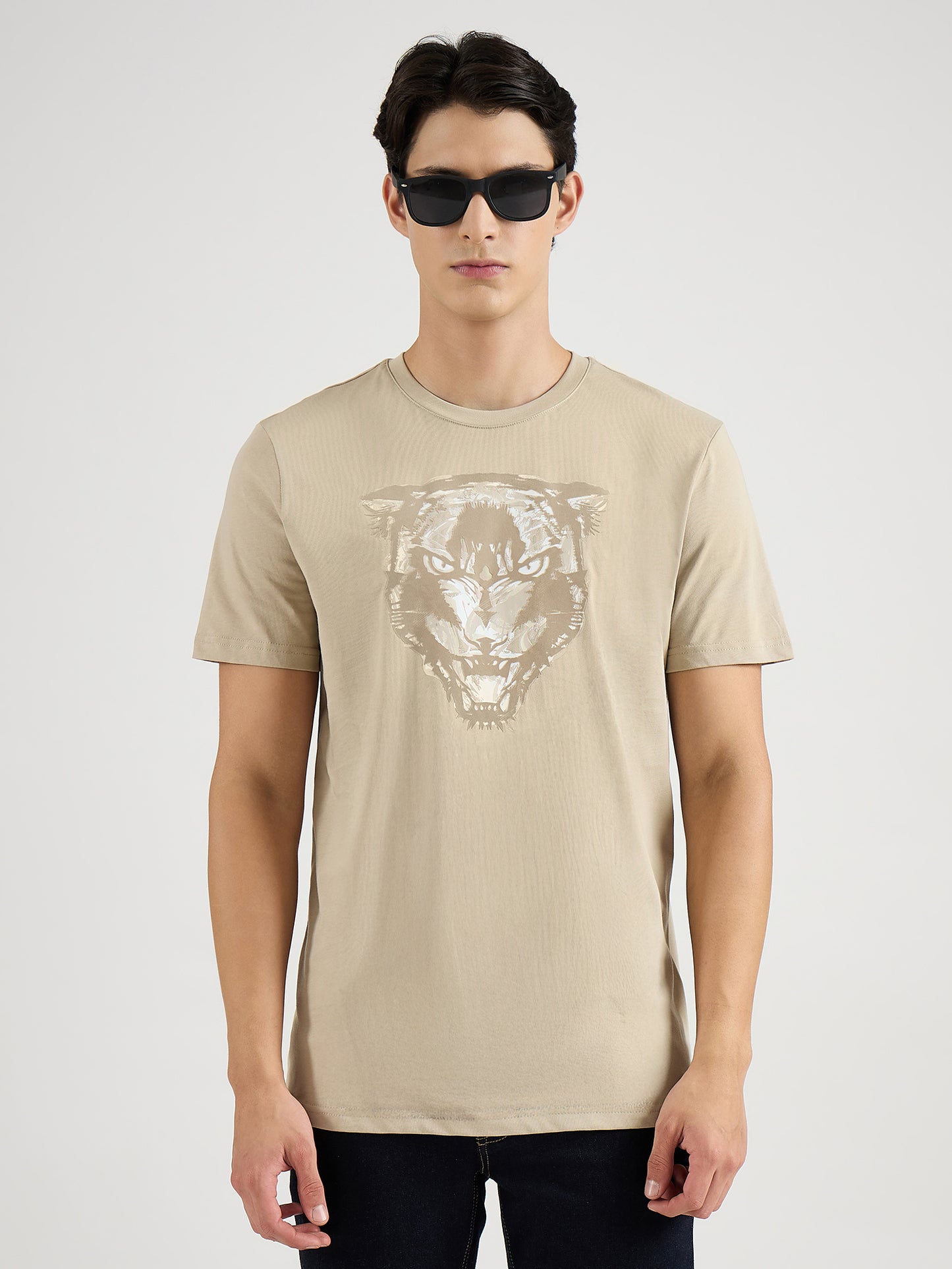Antony Morato Men Beige Placement Print Round Neck Tshirt