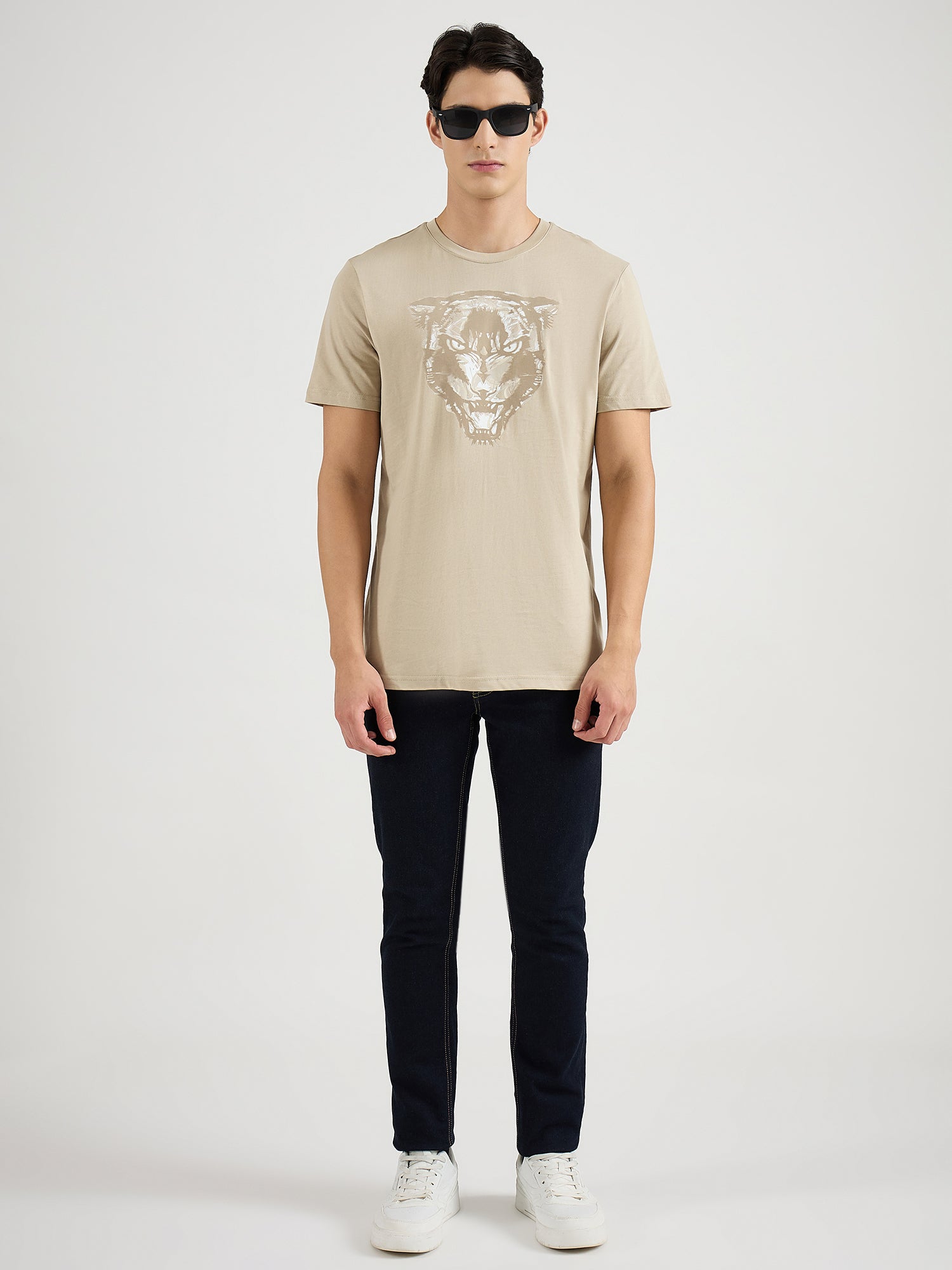 Antony Morato Men Beige Placement Print Round Neck Tshirt