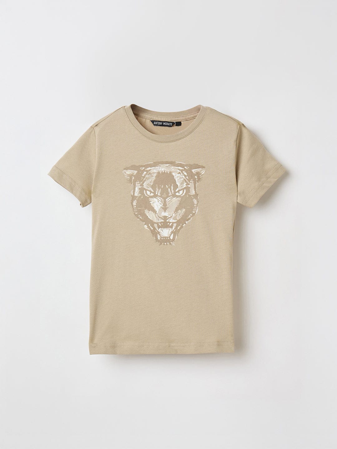Antony Morato Boys Beige Placement Print Crew Neck Tshirt