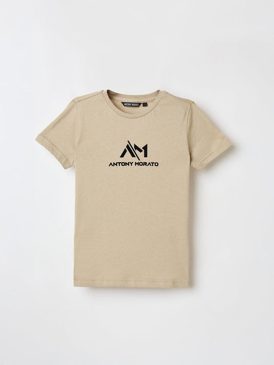 Antony Morato Boys Beige Placement Print Crew Neck Tshirt