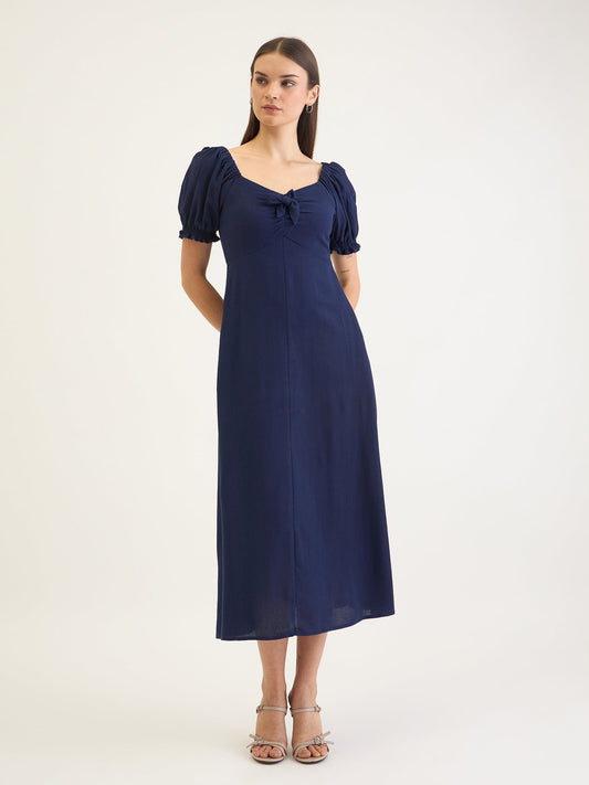 Elle Women Blue Solid Sweetheart Collar Dress
