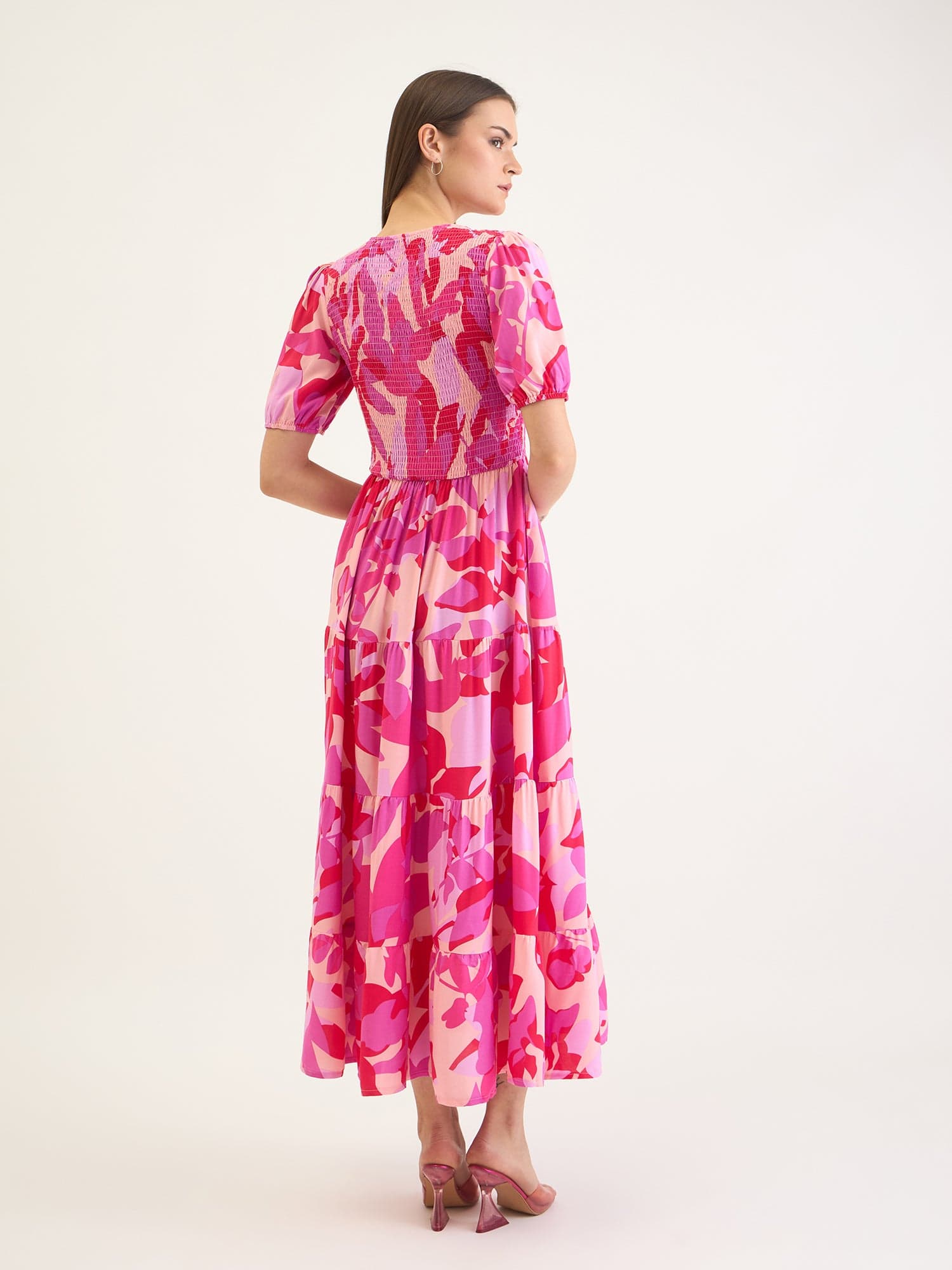 Elle Women Pink Aop V Neck Dress