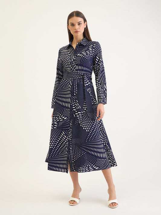 Elle Women Blue Aop Shirt Collar Dress