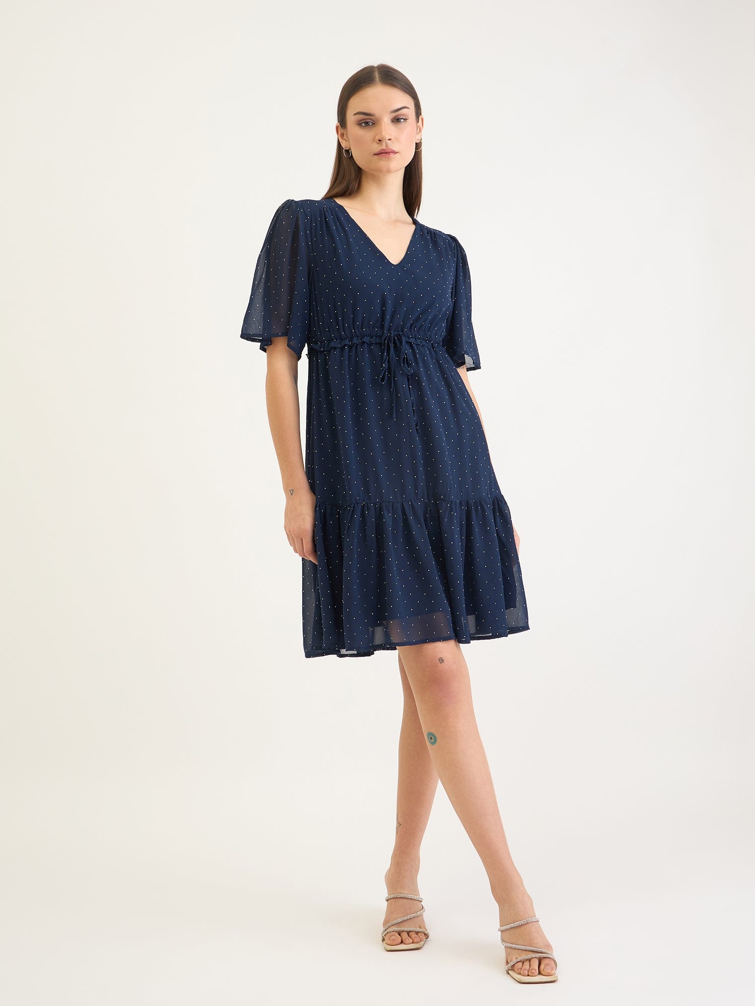 Elle Women Blue Dot And Solid V Neck Dress