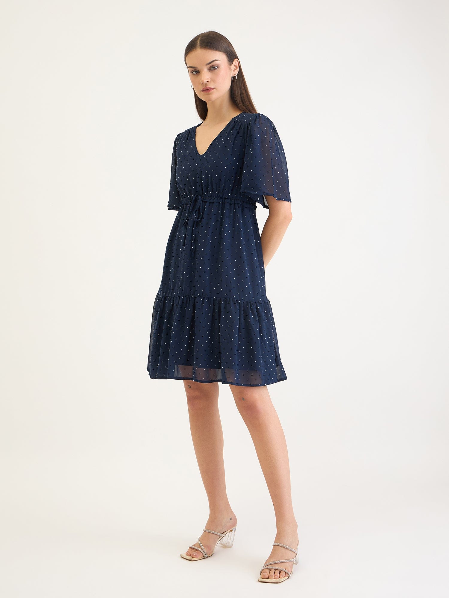Elle Women Blue Dot And Solid V Neck Dress