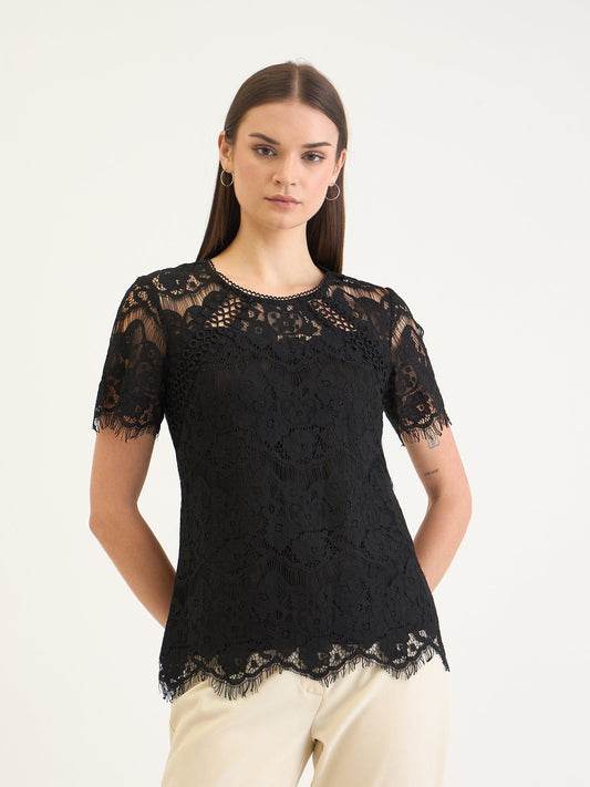 Elle Women Black Lace Round Neck Top