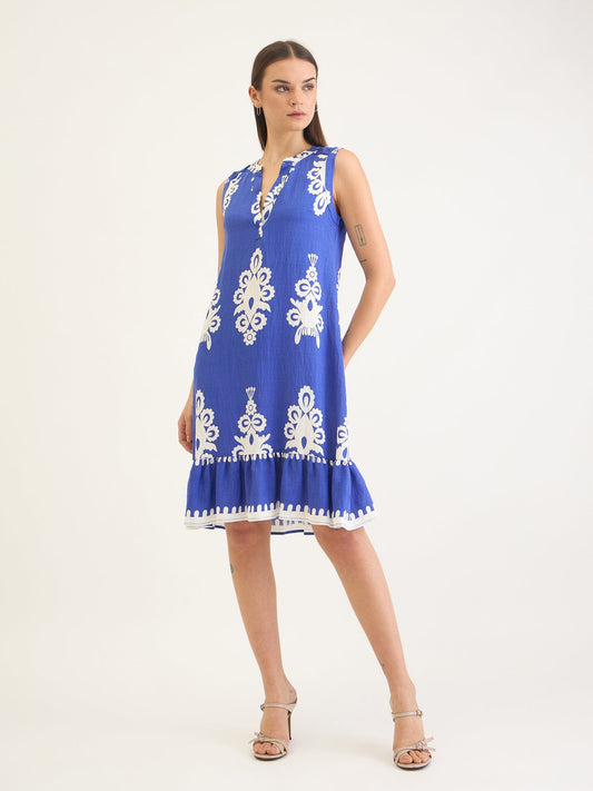 Elle Women Blue Printed V Neck Dress