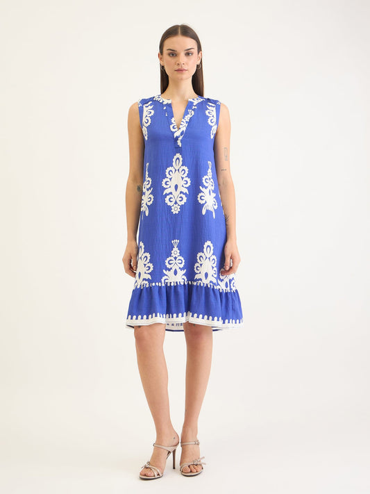 Elle Women Blue Printed V Neck Dress