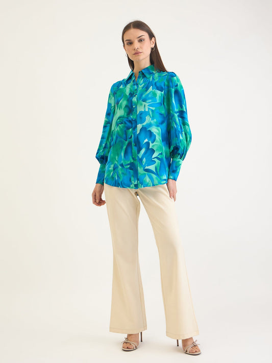 Elle Women Blue Printed Collar Shirt