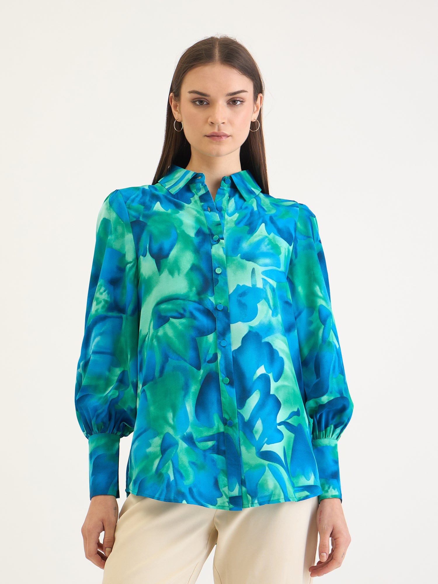Elle Women Blue Printed Collar Shirt