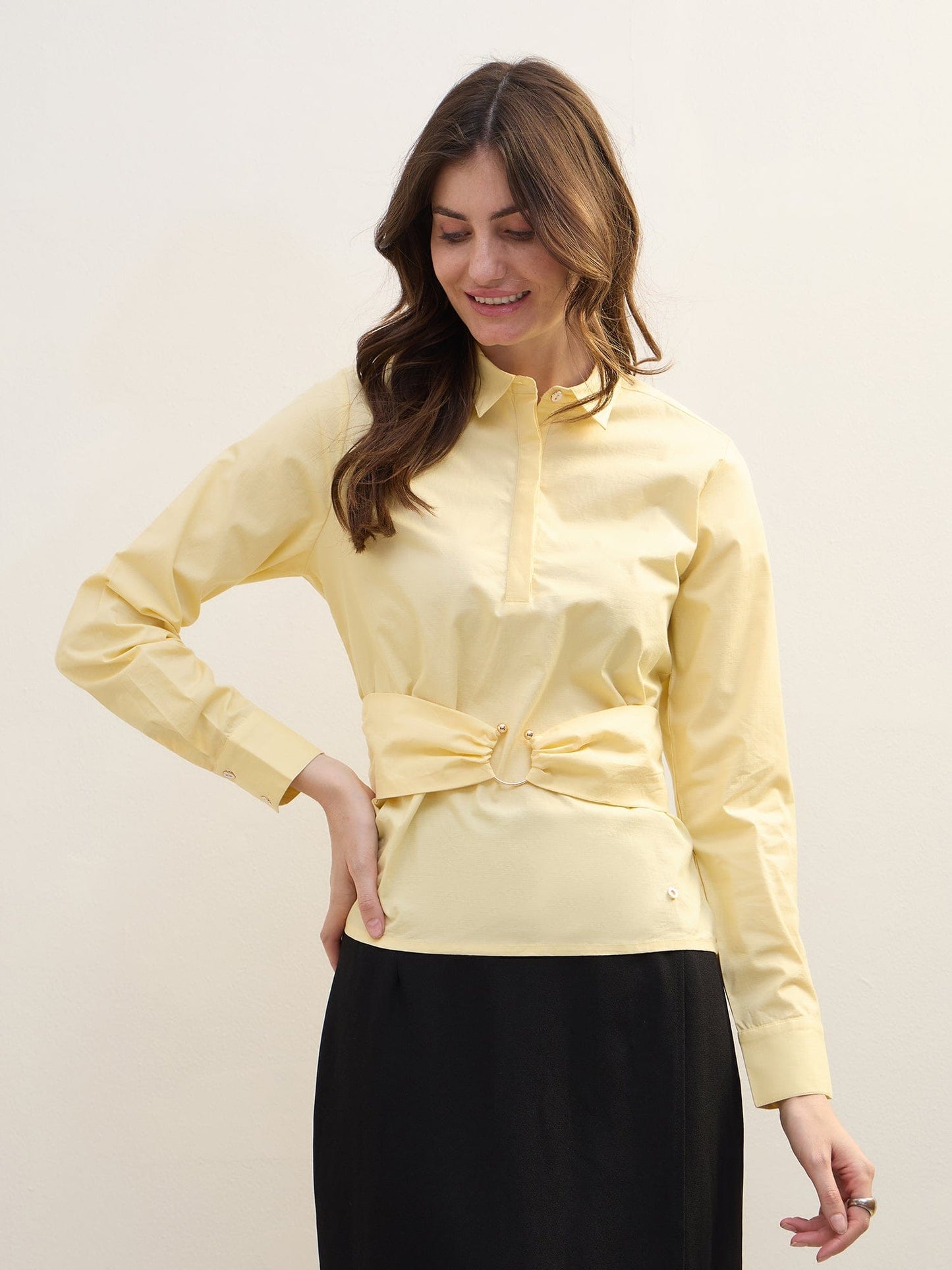 Iconic Women Yellow Solid Collar Top