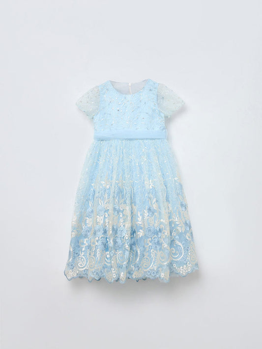 Blue Giraffe Girls Blue Solid Round Neck Dress