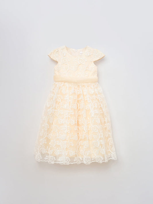 Blue Giraffe Girls Cream Solid U Neck Dress