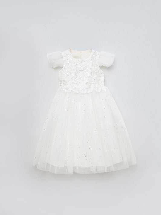 Blue Giraffe Girls White Solid U Neck Dress