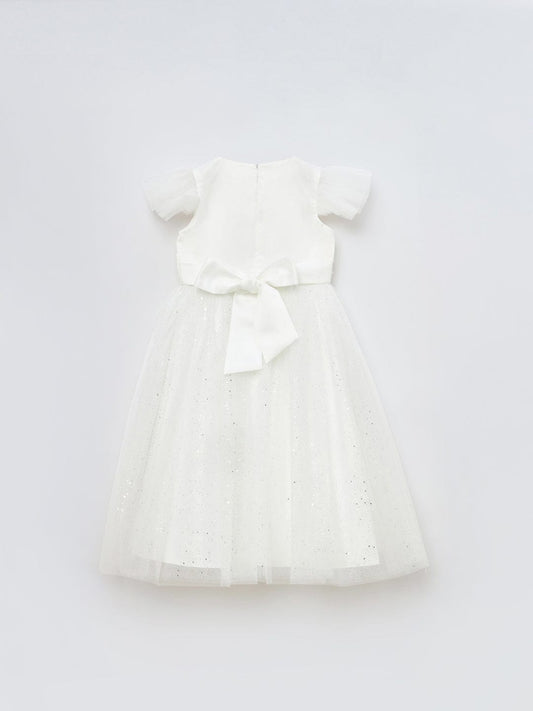 Blue Giraffe Girls White Solid U Neck Dress