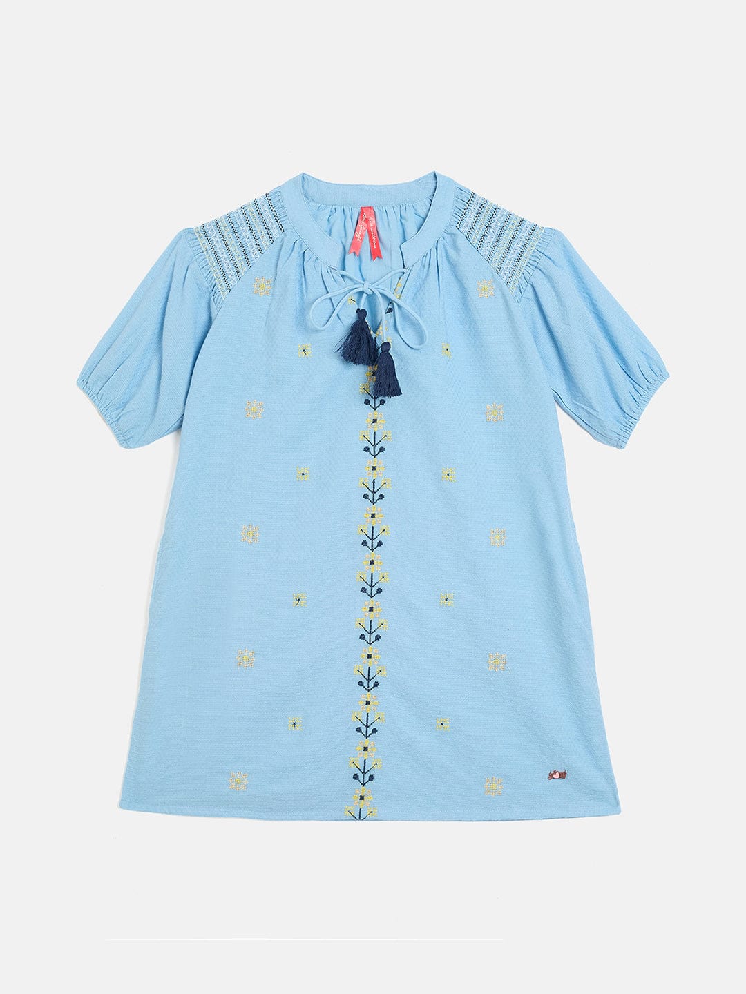 Blue Giraffe Girls Blue Solid Band Collar Dress