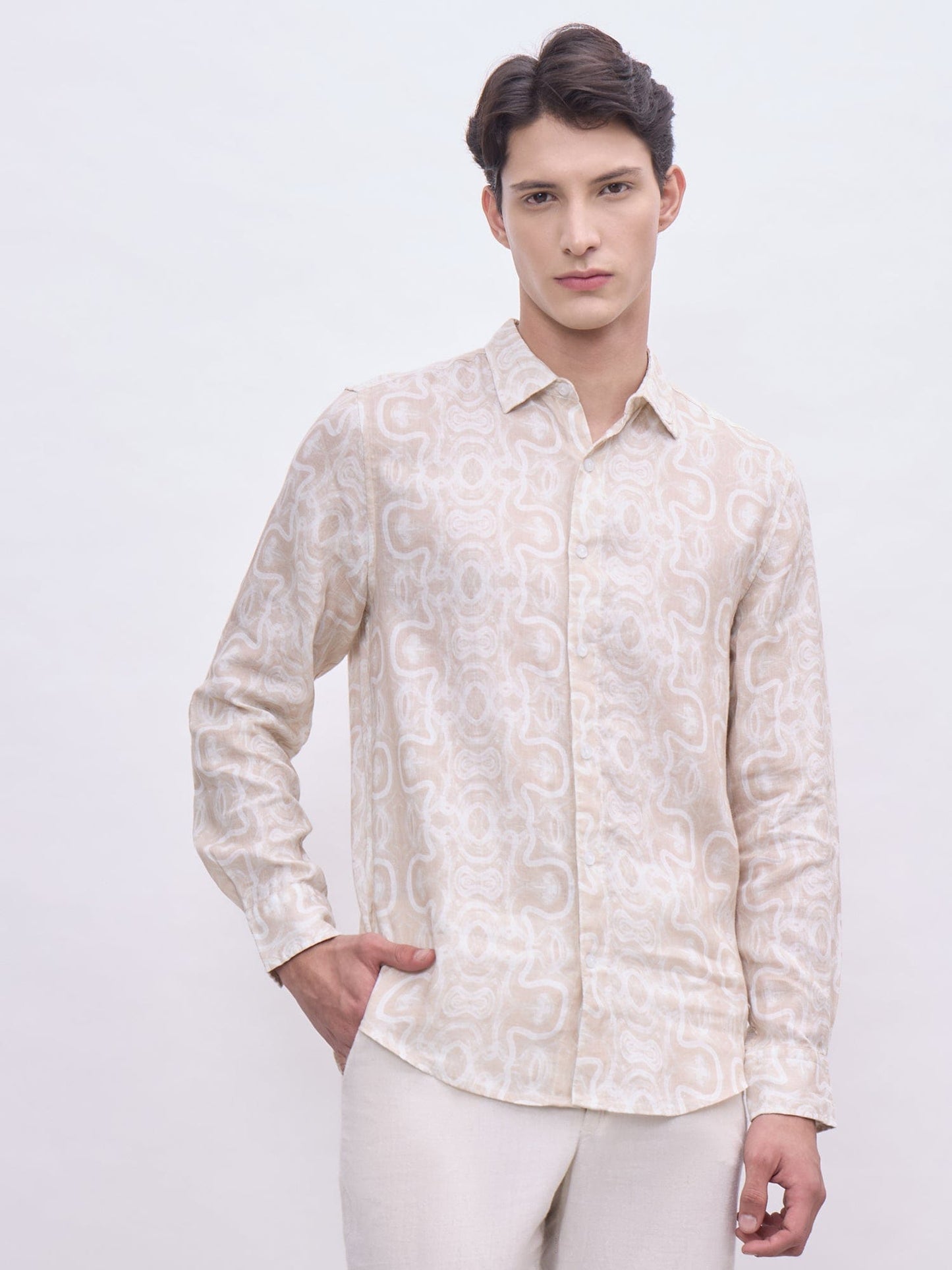 Iconic Men Beige Printed Collar Shirt