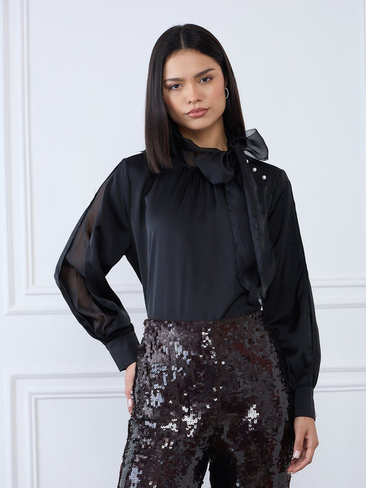 Iconic Women Black Solid Round Neck Top