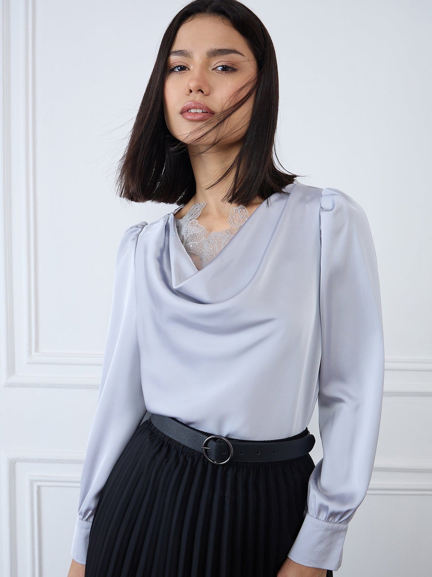 Iconic Women Grey Solid Cowl Neck Top